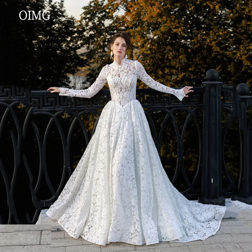 OIMG Luxurious Lace Full Sleeves A Line Wedding Dress High Neck Bride Dresses Floor Length Wedding Gown vestido novia Customized