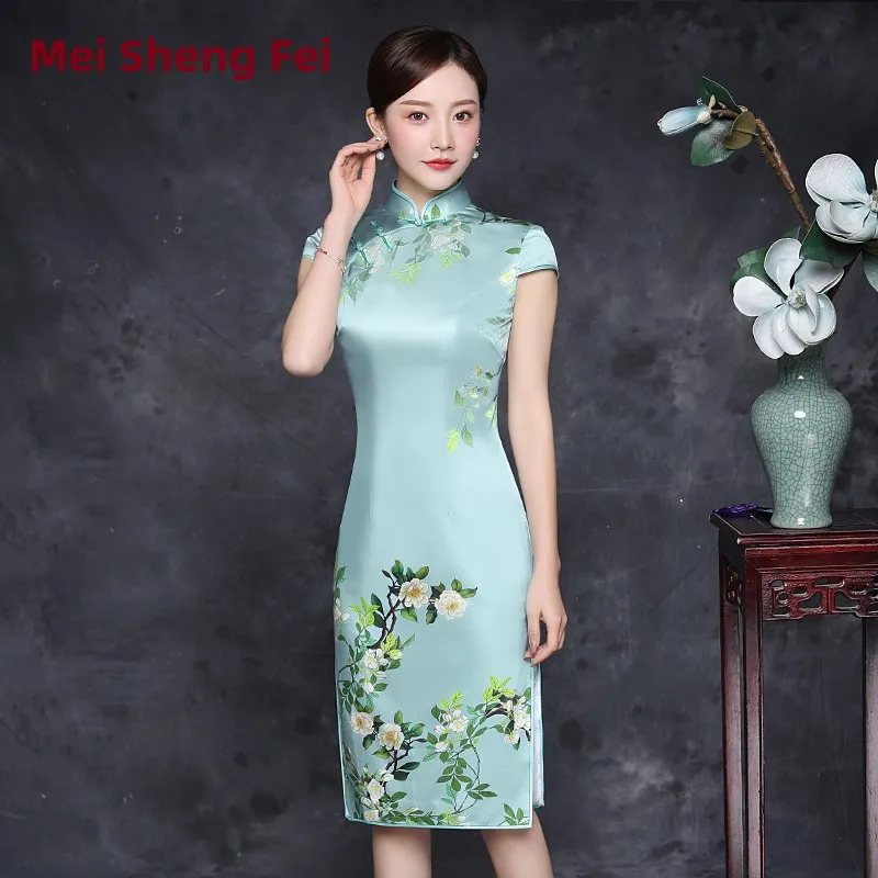 

Шелковое шифоновое платье-ципао женское, приталенное, средней длины, в винтажном стиле, с цветочным принтом, на каждый день, с высоким разрезом, с коротким рукавом