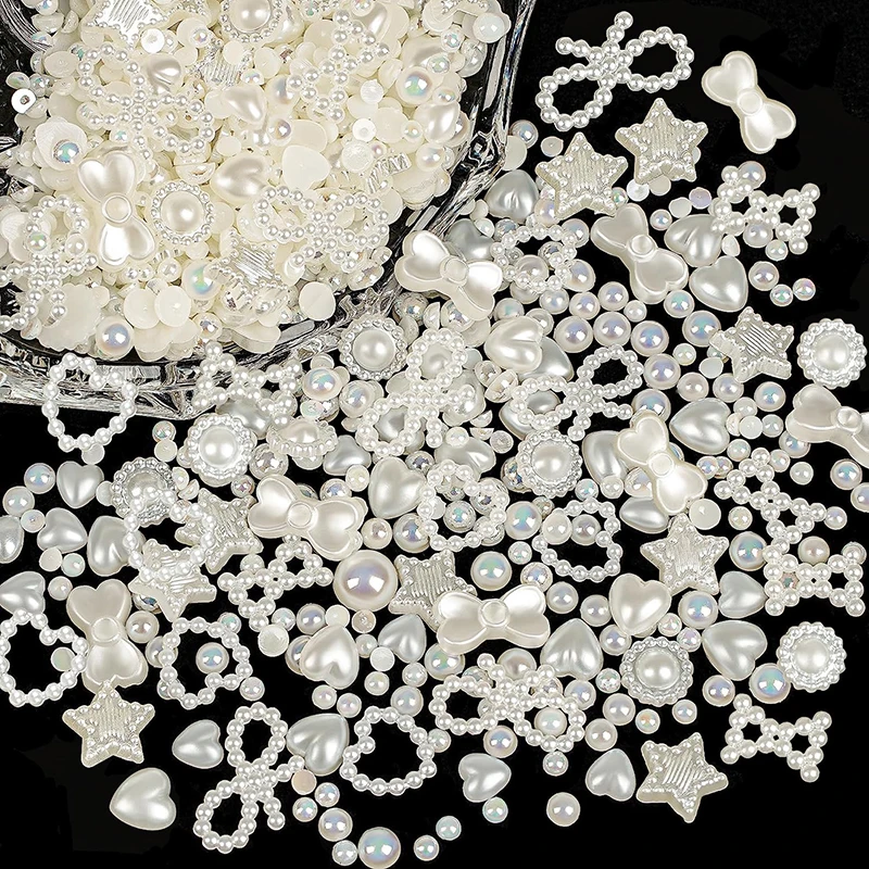 500pcs White Nail Charms Pearls Mixed Style Heart Bowknot Star Beads Assorted Rhinestones Pearls for Nails Crafts Art Decoration