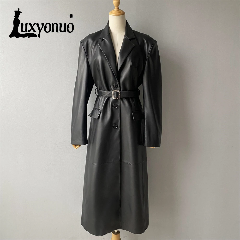 Luxyonuo cappotto in vera pelle da donna per cappotti in pelle di pecora da donna autunnali con cintura giacche lunghe classiche in vera pelle di colore nero