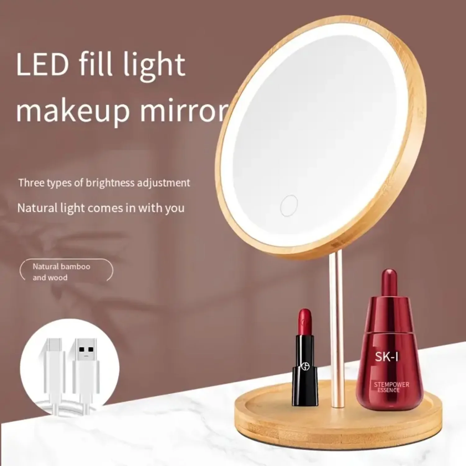 

USB Rechargeable LED Bamboo Wooden Makeup Mirror, Adjustable Touch Beauty Lamp for Desktop, Cosmetic Mirrors