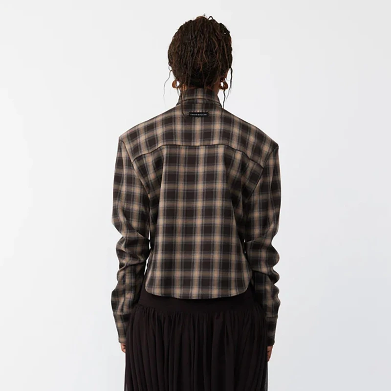 2025 Autumn and Winter Hot Selling Slim Fit Personalized Waist Design Retro Plaid Shirt for Women