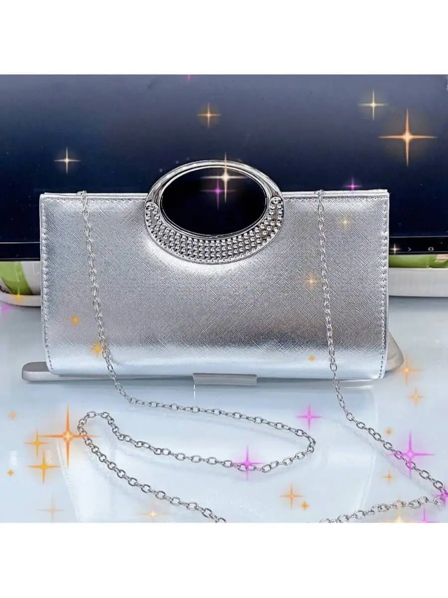 

Silver Tone Rhinestone Clutch Bag With Chain Strap For Evening Party Dinner