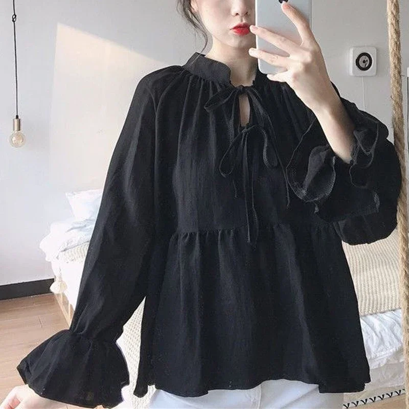 Spring New Long Sleeve White Blouse Solid Color Lacing Loose All-match Pleated Shirt Tops Preppy Style Fashion Women Clothing