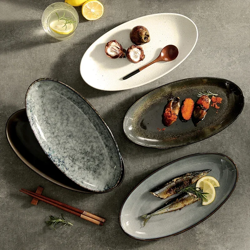 High-value creative Japanese fish plate new large oval high-end ceramic plate commercial household deep dish serving platter