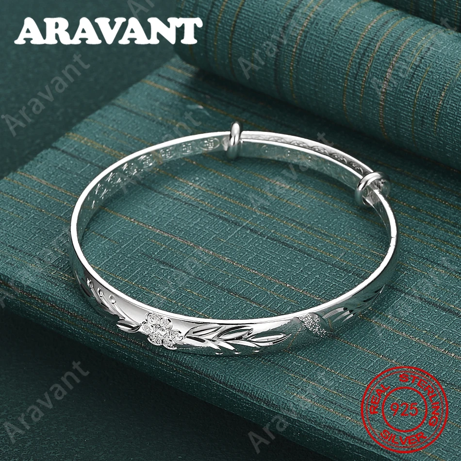 925 Sterling Silver Peony Adjustable Bangle - A Unique Gift For Women, Versatile For Events And Jewelry