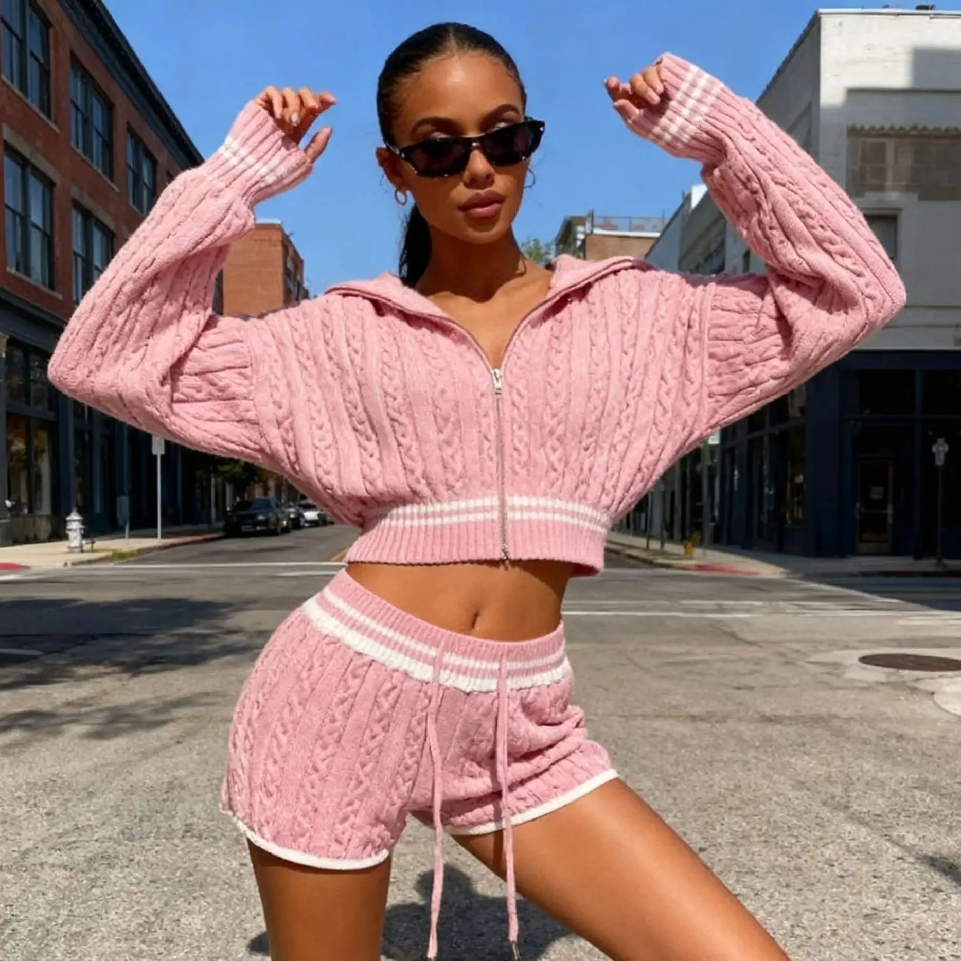 Casual Simple Sweet Women's Knitted Two-piece Set Fashion Korean Turn-down Collar Short Sweater High Waisted Straight Leg Shorts