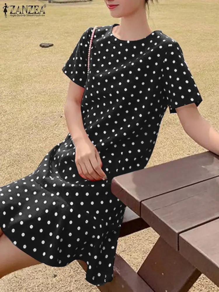 

ZANZEA Casual Polka Dot Knee-length Vestidos Women Short Sleeve Fashion O Neck Sundress Ruffled Hem 2024 Holiday Beach Dress