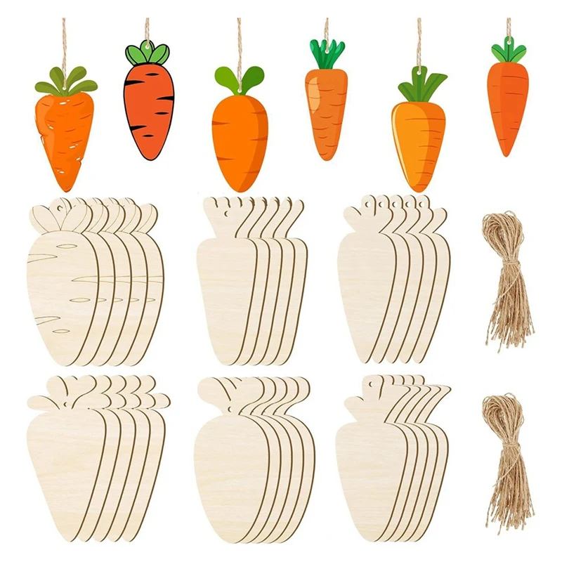 96PCS Easter Wood Cutouts Set Carrot Wooden Hanging Ornaments Unfinished Blank Carrot Shaped Wood DIY Craft Cutouts Set With Tag