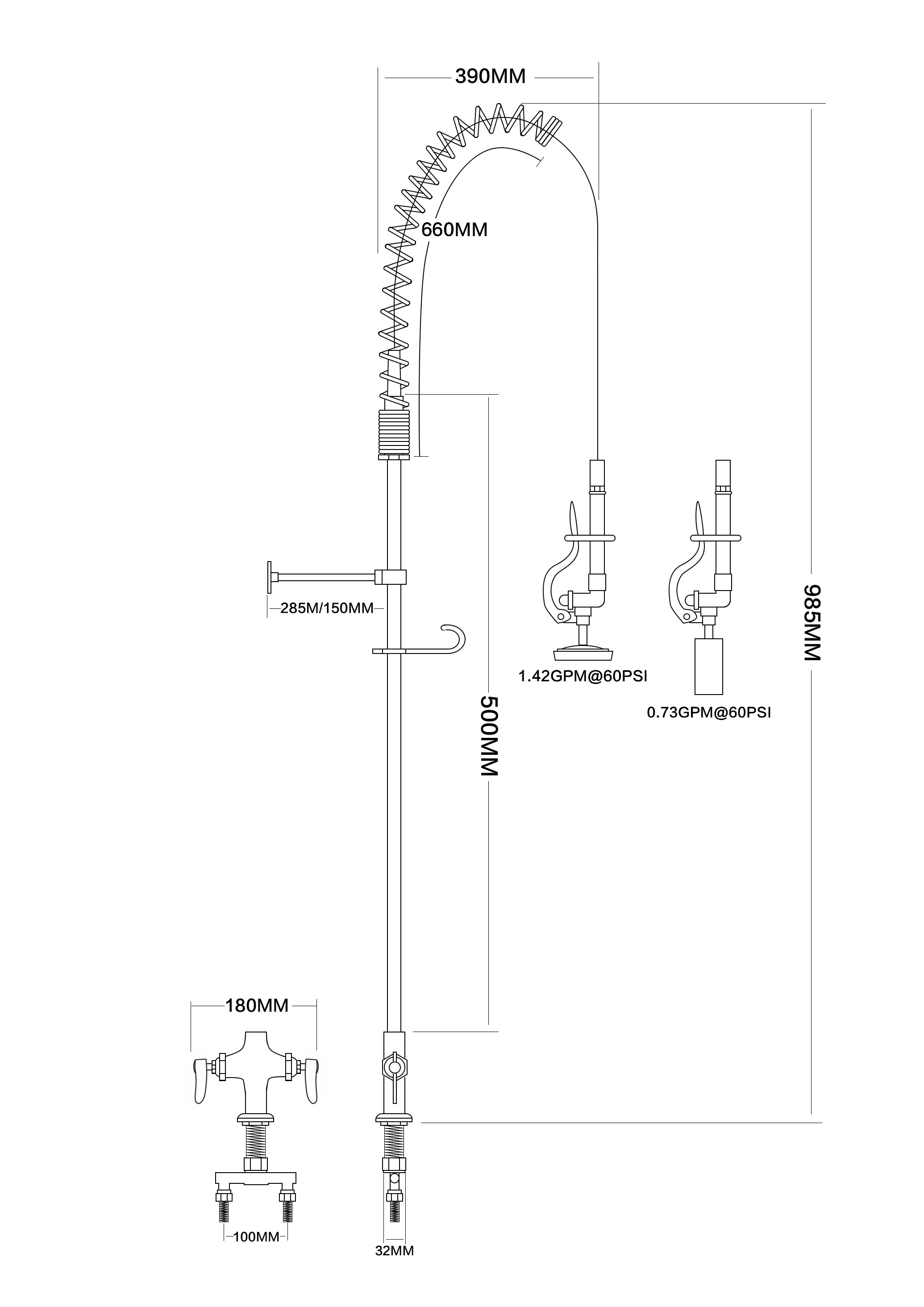 Robinet de cuisine extracemballages monté sur le pont, commercial, pré-rinçage, rainuré vers le bas, PLAN1.42PGM