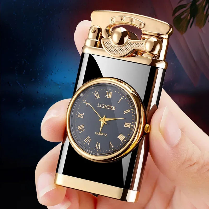 2024 Creative Quartz Watch Windproof Lighter Metal Blue Light Butane Flame Rocker Lighter Gift For Men