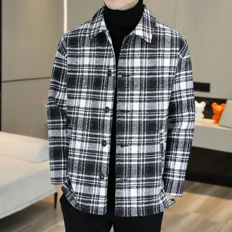 Casual Men's Thick Plaid Cotton-Padded Jacket Spring Autumn Winter Streetwear Warm Checker Woolen Coat Youth Slim Fit Top Parkas
