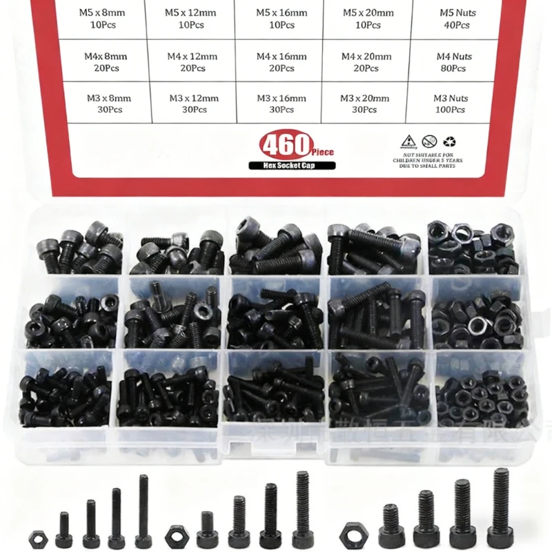 

460Pcs screw set M3 M4 M5 X 8/12/16/20,black carbon steel Allen Hexagon Hex Socket cap Round Head Screw Bolt Nut Assortment Kit