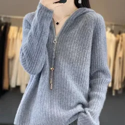 Autumn/Winter Sweater Women Hoodie Loose Casual Zipper Half Open Collar Pullovers Cashmere Supple Knit Top Solid Color Big Size