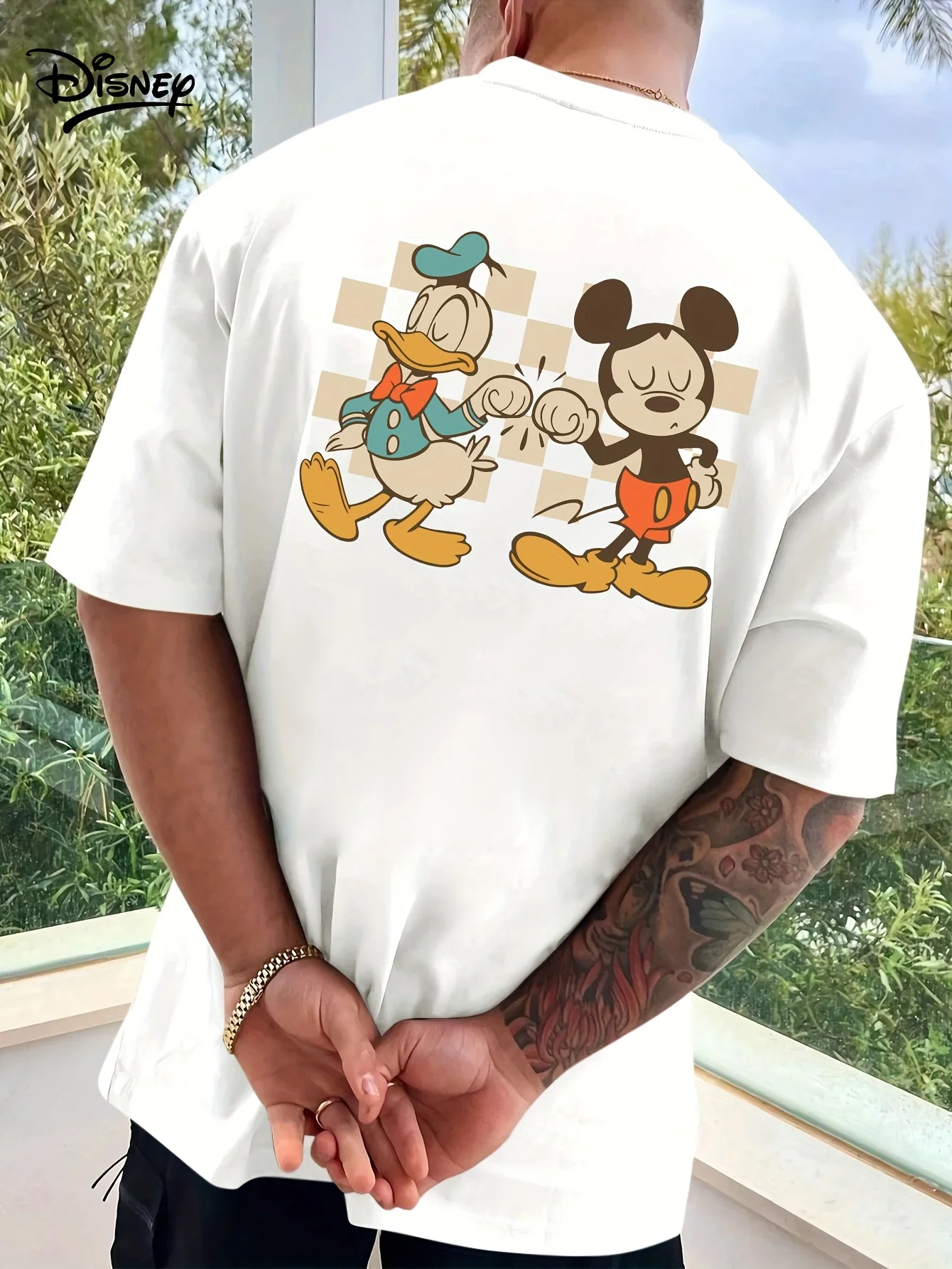 

Disney Mens Mickey Donald Duck T-Shirt Cotton Casual Oversize Couple Unisex Women Double Sided Print Top Tee Streetwear Clothing