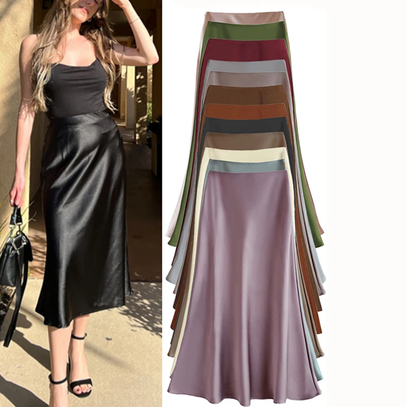 Summer Lady Korean Elegant Satin Fabric Skirts Female Solid High Waisted Mid-Long Dress Women Chic Designer Slim Fit Skirts