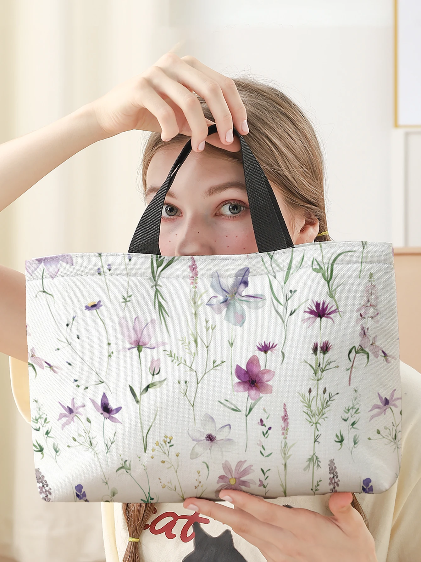 Watercolor Purple Floral Insulated Lunch Tote Aluminum Foil Liner Reusable Student Cooler Bag