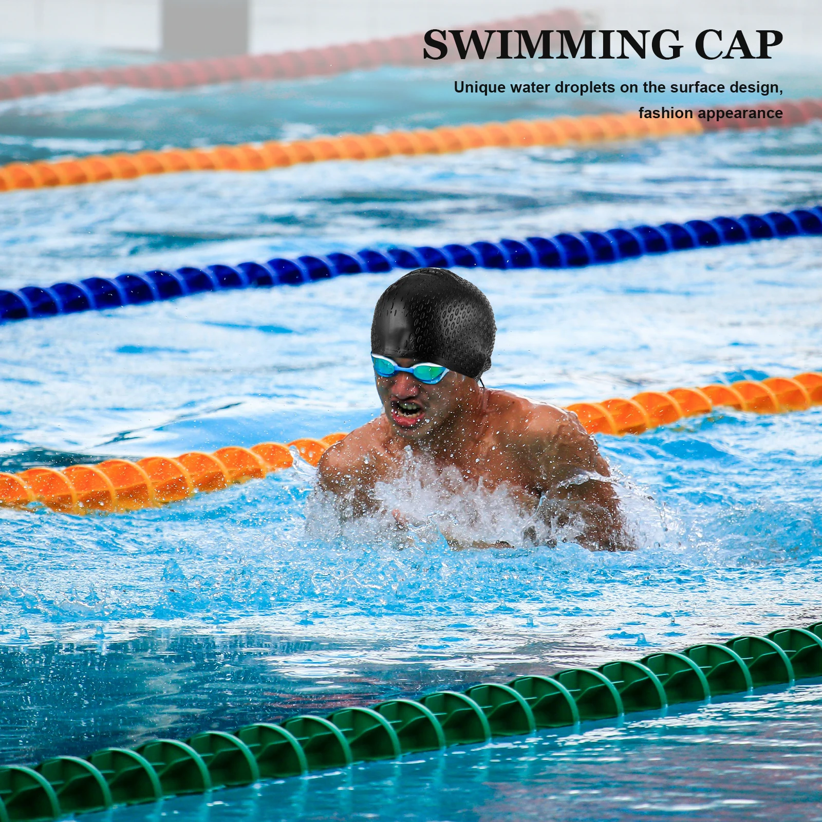 

Black Waterproof Silicone Swimming Cap 23x18cm Flexible Durable Eco Friendly Water Dropping Design Silicone Swimming Cap