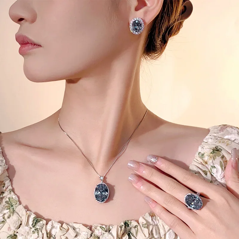 Big Shiny Oval Green Gray High Carbon Diamond Pendant Necklace Stud Earrings Adjustable Ring Women Zircon Jewelry Set