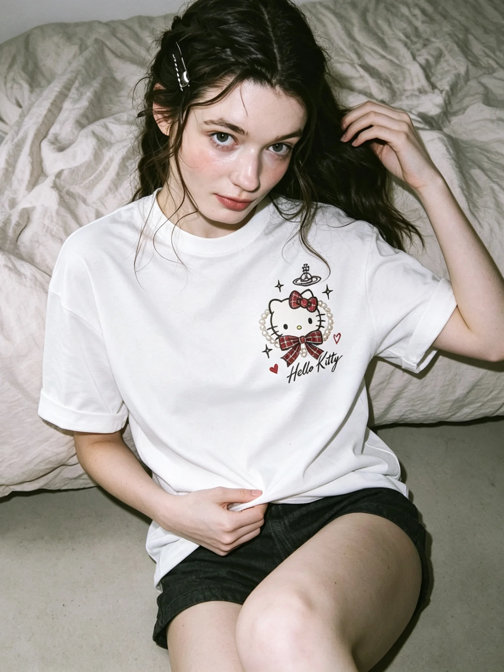 Men's Women's Parent Child Sanrio Hello Kitty Pearl Bow Cute Print T Shirt White Kawaii Streetwear Short Sleeve Oversized Top