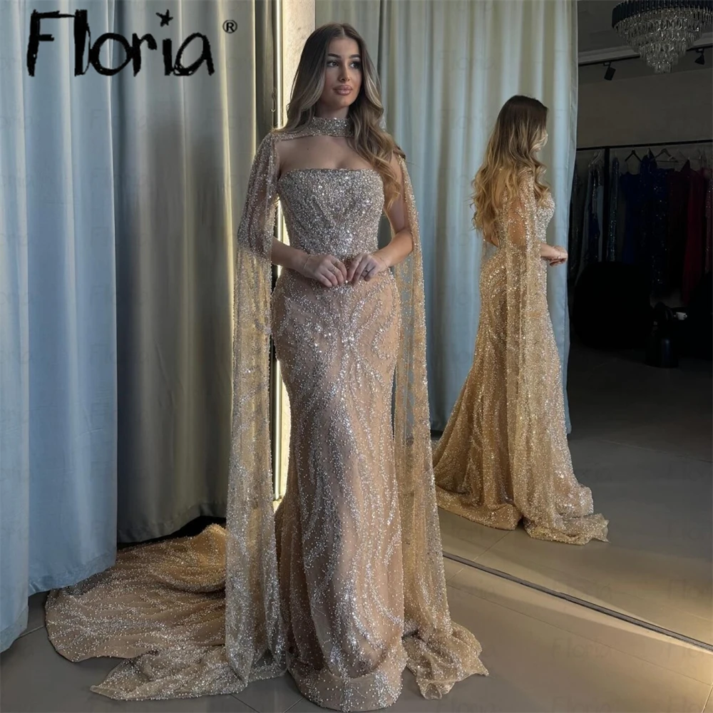 Champagne Customized Long Cape Sleeve Evening Dress New Luxury Mermaid Wedding Party Gowns Dubai Two Pieces Sparkly Prom Dresses