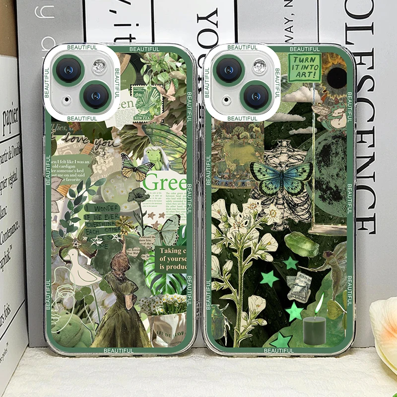 Green Retro Flower Stickers Phone Case for IPhone 16 11 12 13 Pro Max Mini 7 8 16 Plus SE20 X XS XR Soft TPU Clear Covers Fundas