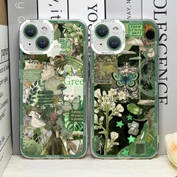 Green Retro Flower Stickers Phone Case for IPhone 16 11 12 13 Pro Max Mini 7 8 16 Plus SE20 X XS XR Soft TPU Clear Covers Fundas
