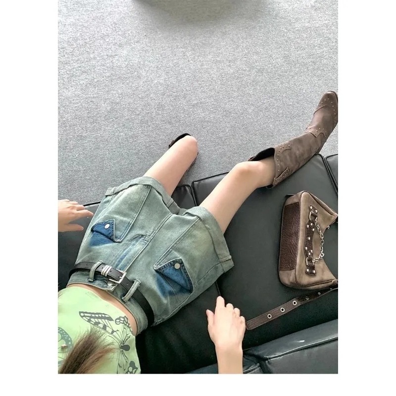 봄과 여름에 입기 좋은 여성용 레트로 데님 반바지 얇은 디자인 니치 하이웨이스트 루즈 A라인 스트레이트 와이드 레그 반바지