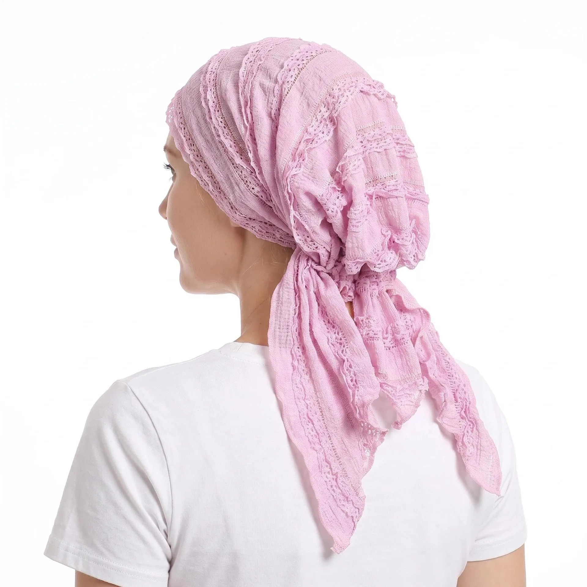Lace Solid Color Turban Hat Long Tail Head Wrap Soft Elastic Muslim Hijab Women Chemo Cap Pre-Tied Headscarf Hair Loss Head Wrap