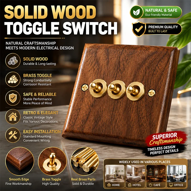 Black Walnut Retro European Retro Wall Lamp Switch Socket, Solid Wood Brass Toggle Switch Board 1-4Gang 2Way Antique Home Switch