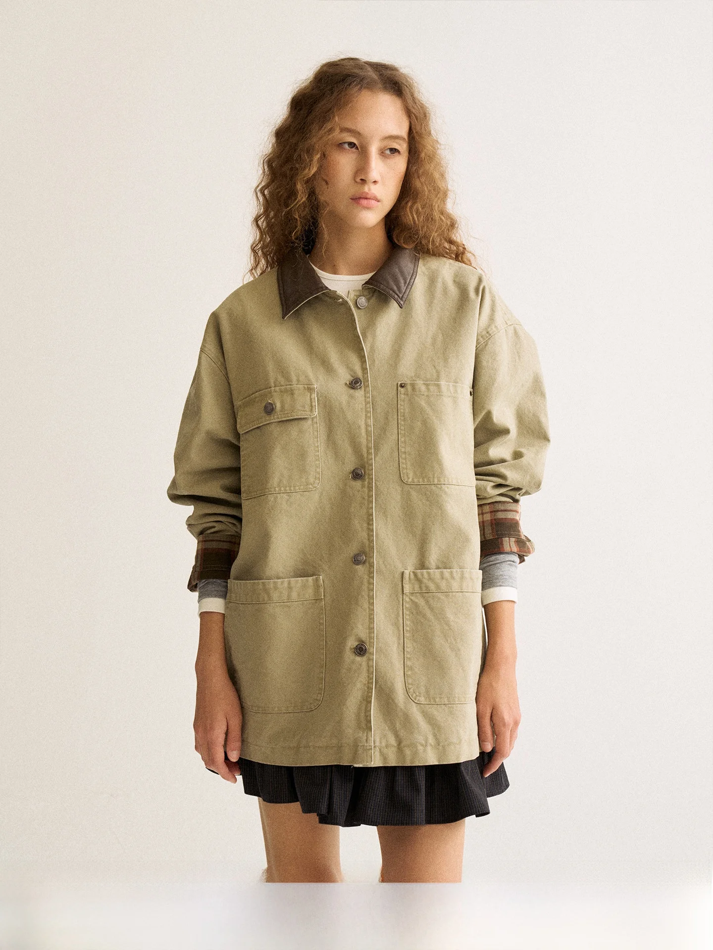 Firstfloor Casaco Feminino Retrô de Couro Xadrez de Comprimento Médio, Corte Solto, Estilo Caça, com Gola Alta e Manga Longa