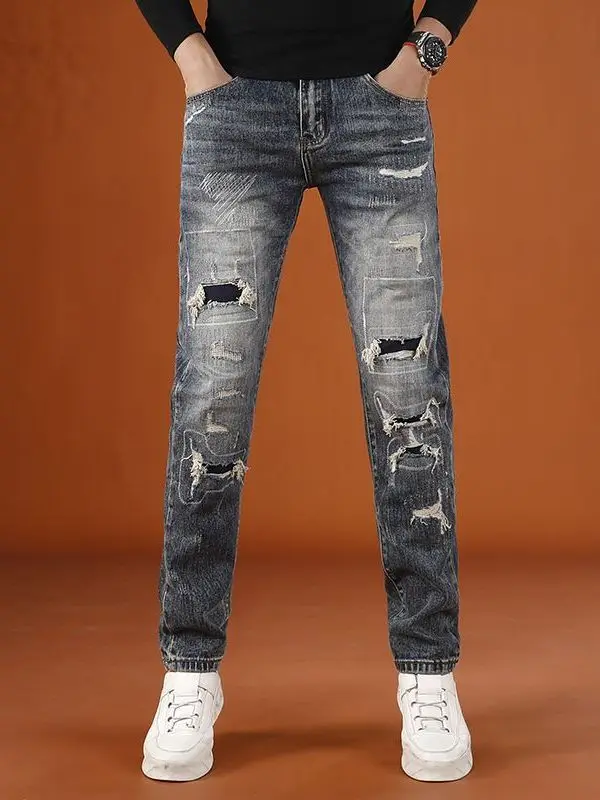 

High-End Men's Slim Fit Straight Leg Jeans Patchwork Casual Wear Resistant Micro Elastic Trendy Long Trousers Spring Autumn