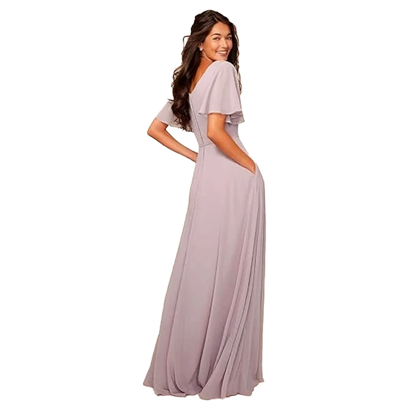 A Line Chiffon Elegant Short Sleeve O Neck Off Shoulder Bridesmaid Dresses Wedding Party Formal Prom Evening Zipper