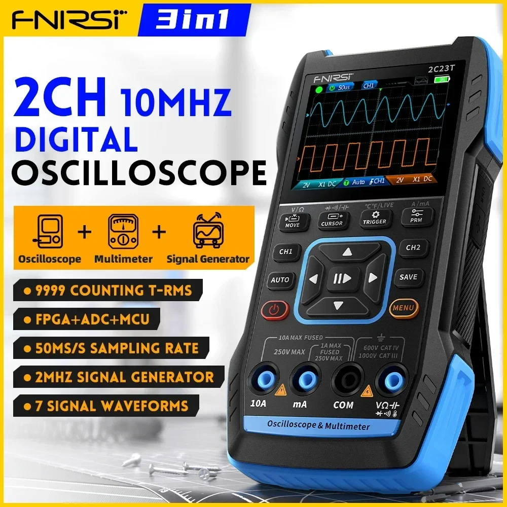 

FNIRSI 2C23T 3IN1 Dual Channel Digital Oscilloscope Multimeter + Function Signal Generator 10MHZ*2 50MS/s AC DC 1000V 10A T-RMS