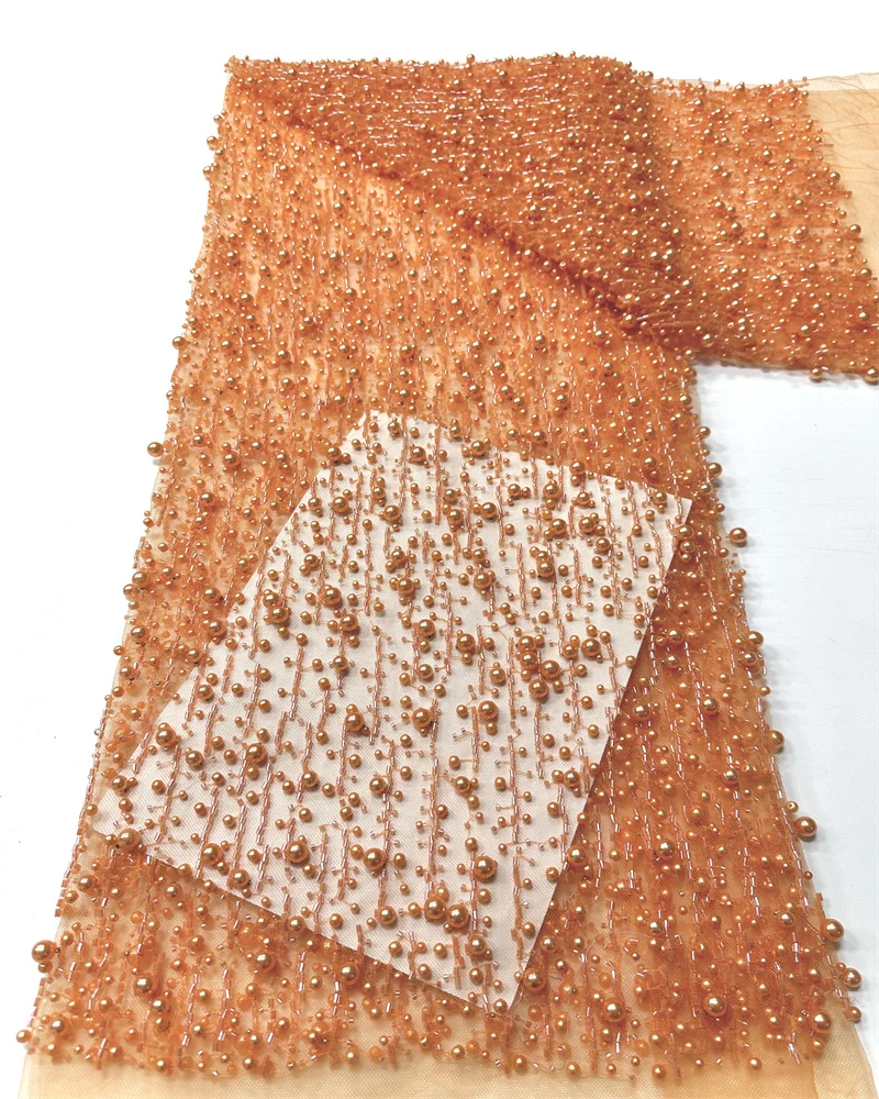 High Quality Heavy Beaded African Lace Fabrics Nigerian French Mesh Sequins Fabrics Net Lace For Women Sew Evening Dress 5 Yards