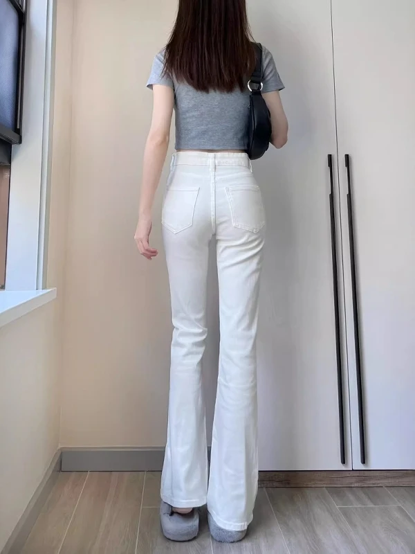 Celana Jeans Wanita Putih Slim Fit High Waist Bell Bot Ukuran Besar Musim Panas Tipis Model Lurus Panjang Menyentuh Lantai