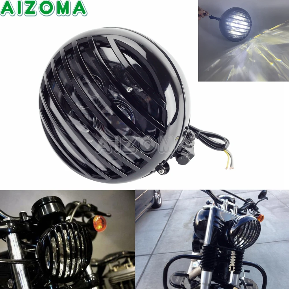

Universal Motorcycle Hi/Lo Beam Steel Grill Headlight LED Front Light Retro Lamp For Harley Honda Suzuki Cafe Racer Bobber XS650