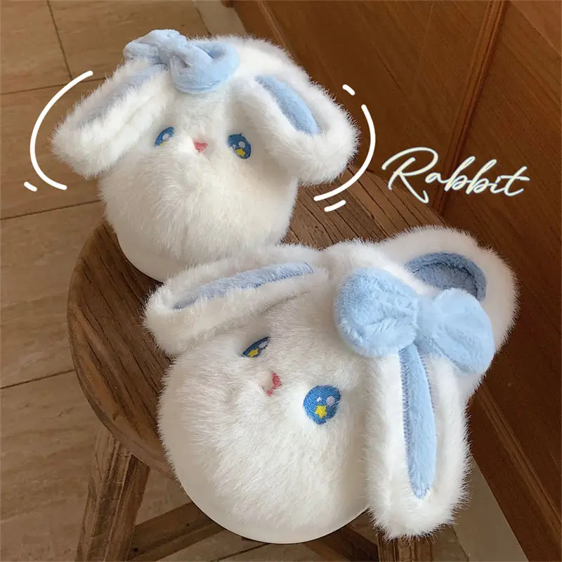 Cute Winter Plush Cat Shaped Slides Slippers Women\'s Cozy Feet Shoes Ladies Soft Home Furry Classic Bunny Slippers Big Size 44