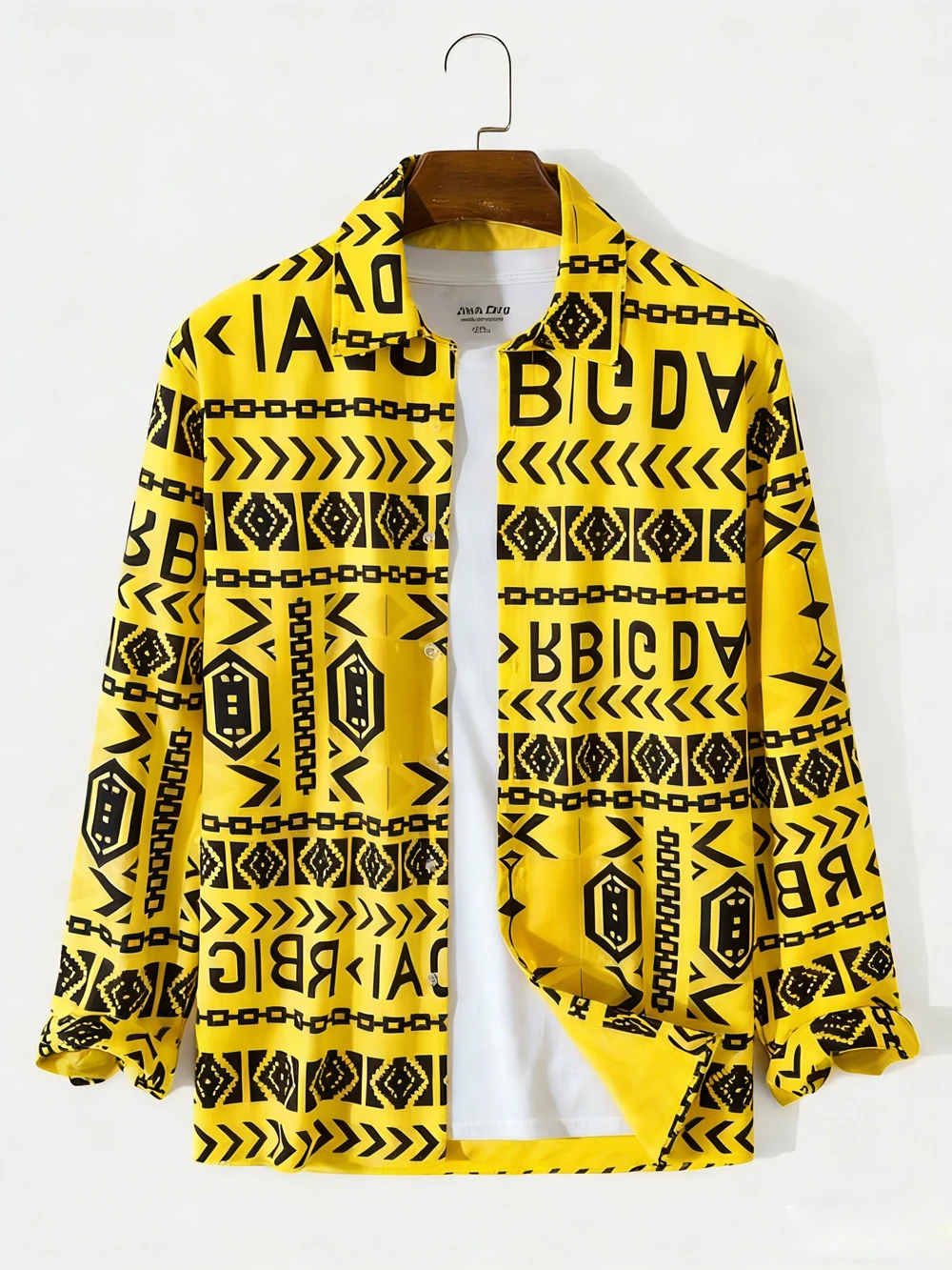 Men's New Style Linen Long Sleeve Shirt Letter Chain High Definition Printed Shirt Hawaiian Vacation Outdoor Social Men Clothing