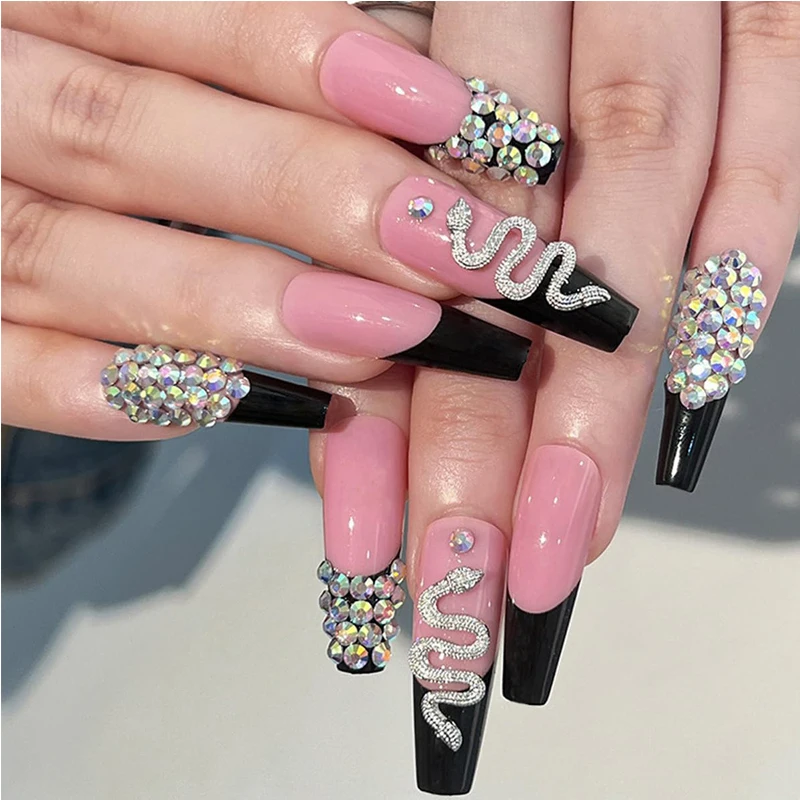 

24 PCS Diamond Snake Nail Art, Long Length Long Water Pipe Fake Nails,Square Head Nail Tips False Nail