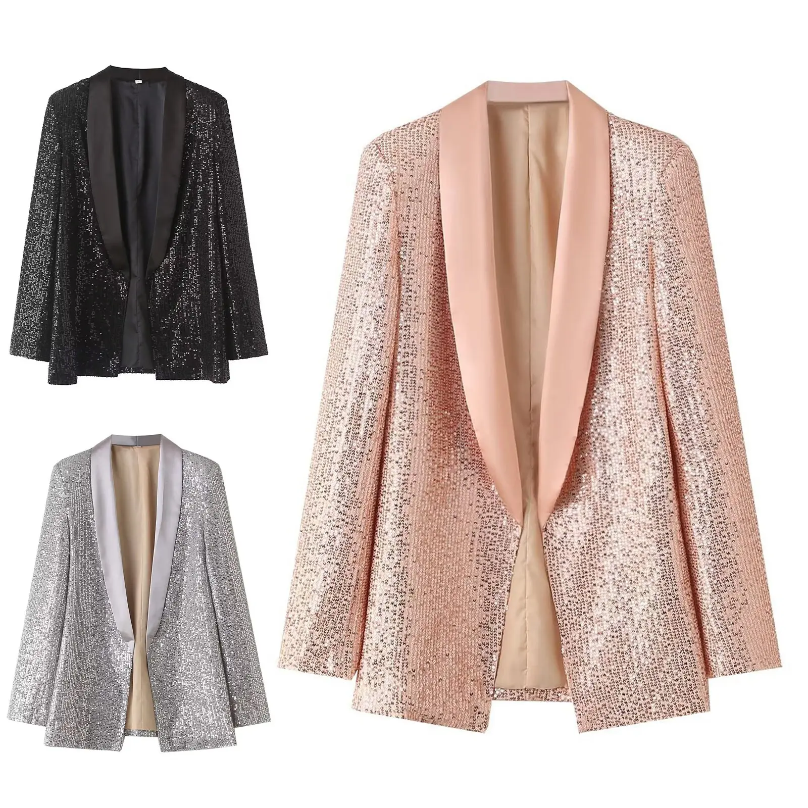 Frauen Blazer Mode Pailletten Langarm Anzüge Jacke Vorne Offen Glitzernden Blazer Oberbekleidung OL Dame Arbeit Pendeln Formale Mäntel