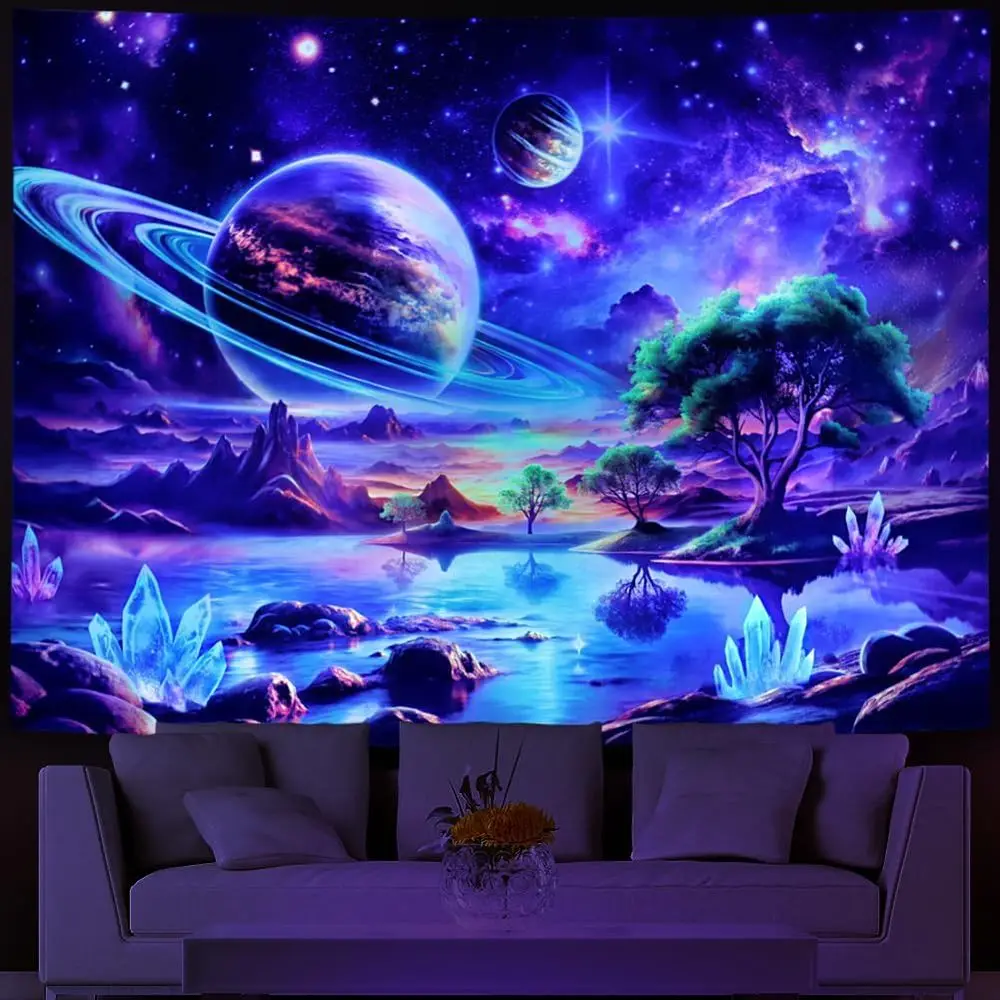 

Настенный гобелен Lasbja Blacklight Space с УФ-реактивным изображением планет, волшебных деревьев, космических гор и пейзажей, декор для стен Ae