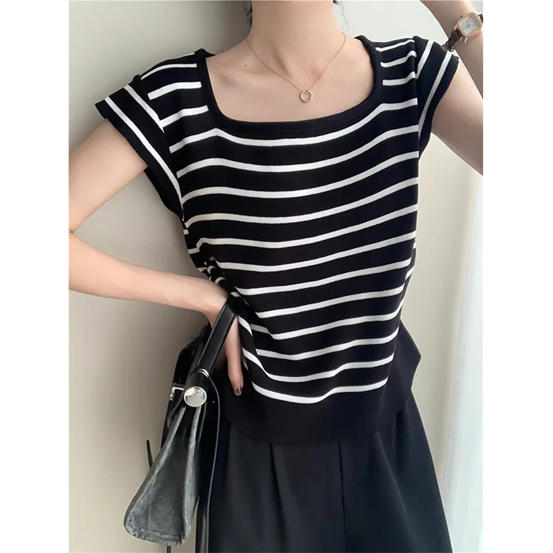 

Women Clothing Striped Thin Knit T-shirt Summer Vintage Sweet Casual Tops Daily Casual Chic Patchwork Pullovers