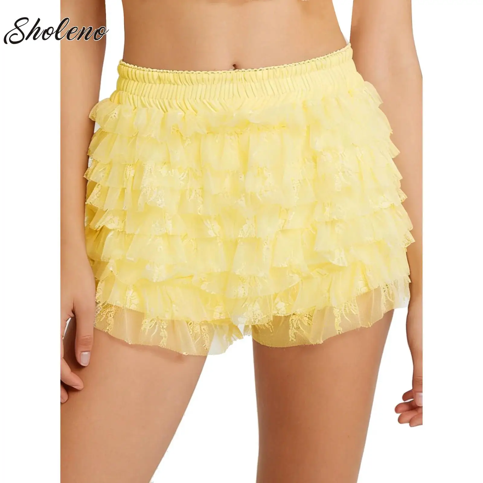 

Милые женские кружевные мини-шорты, многоуровневые кружевные шорты с рюшами и эластичным поясом, шорты-кюлоты, нижние шорты, повседневные повседневные шаровары в стиле аниме