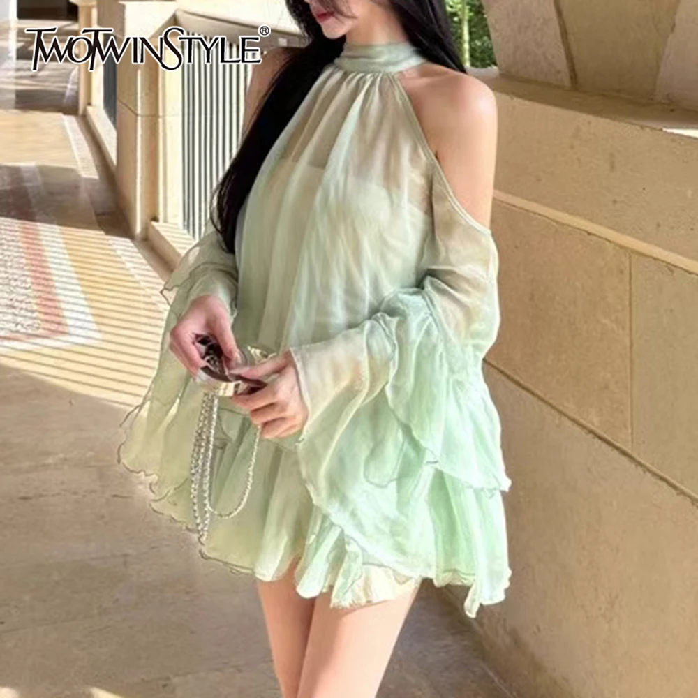

TWOTWINSTYLE Green Spliced Sheer Two Piece Set Female Halter Long Sleeve Loose Shirt Sweet Women's Skirt Set Summer Fashion New