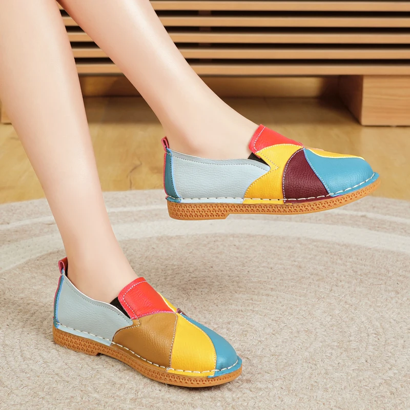 Women's Solid Colorful Breathable Sneakers, Soft Sole Lightweight Slip On Walking Shoes, Low-top leather Casual Driving Shoes