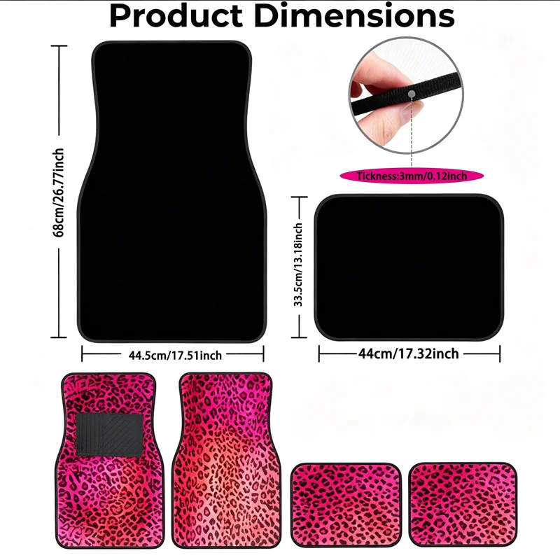 Pink Leopard Animal Print Car Floor Mats Non-Slip Carpets Rugs Front & Rear Car Foot Mats Set of 4 Pieces Auto Accessories Decor