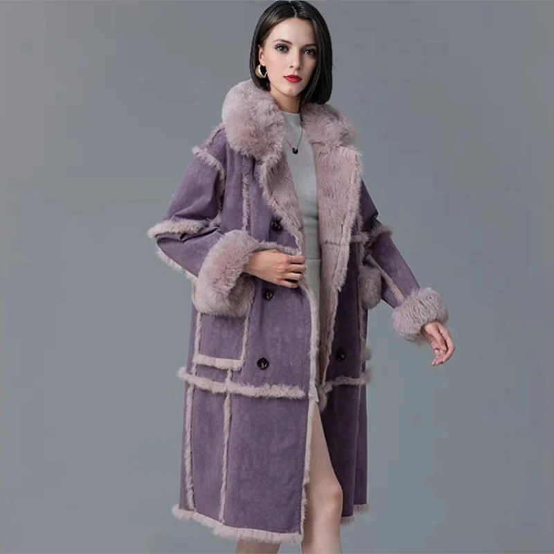 European Winter 2023 Women New Jacket Thick  Artificial Rabbit  Lining Fox Eco Fur Coat Luxury Warm Long Female Sheepskin Coat