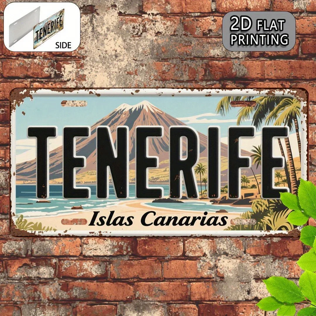 Tenerife Islas Canarias Volcano Beach 2D Flat Printing License Plate Style Metal Tin Sign, Canary Islands Themed Decorative A