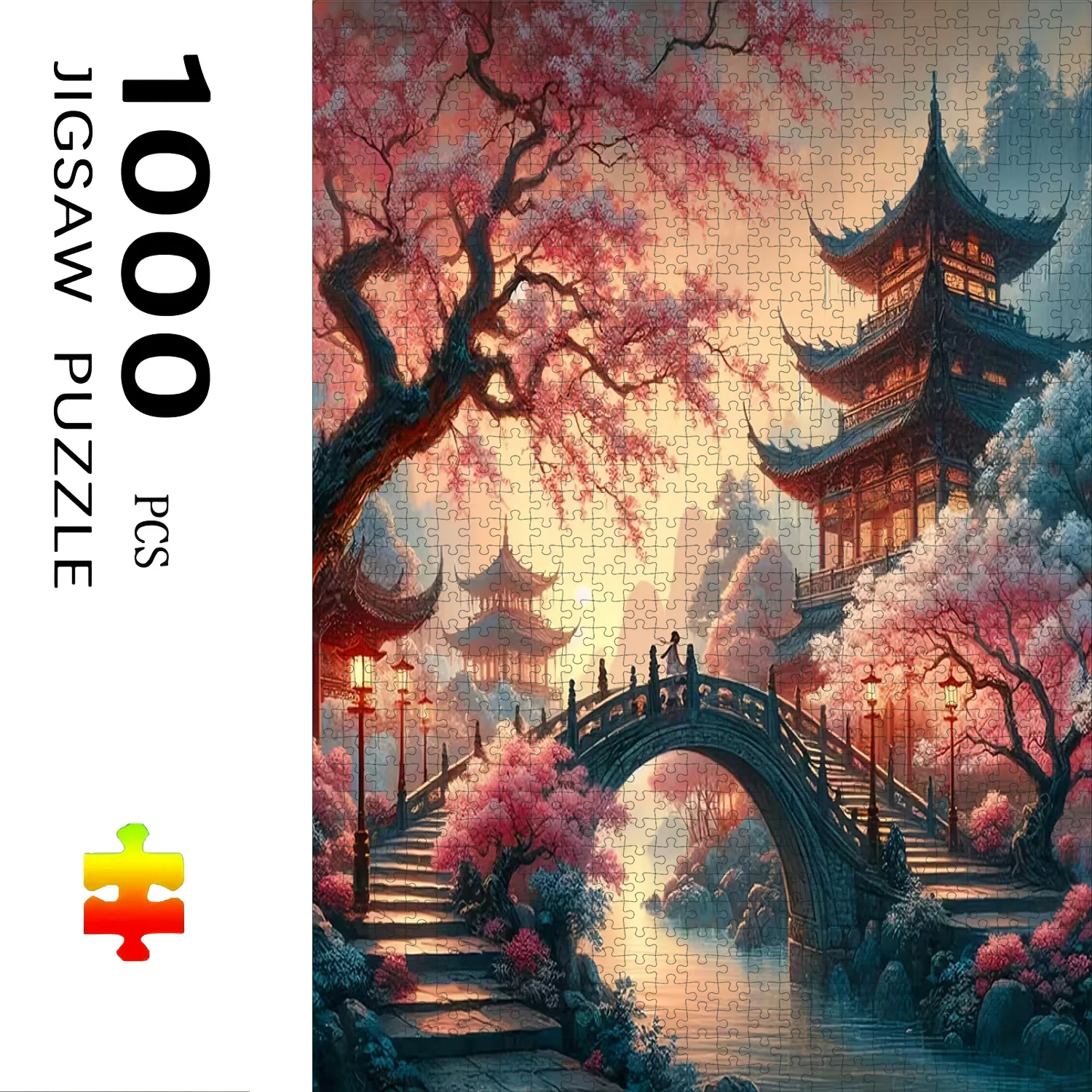 

Новинка 2025 года, 500 шт./1000 шт., бумажная головоломка с мостом, вишневым цветком и сценаю пагоды, яркие цвета, прочный и портативный